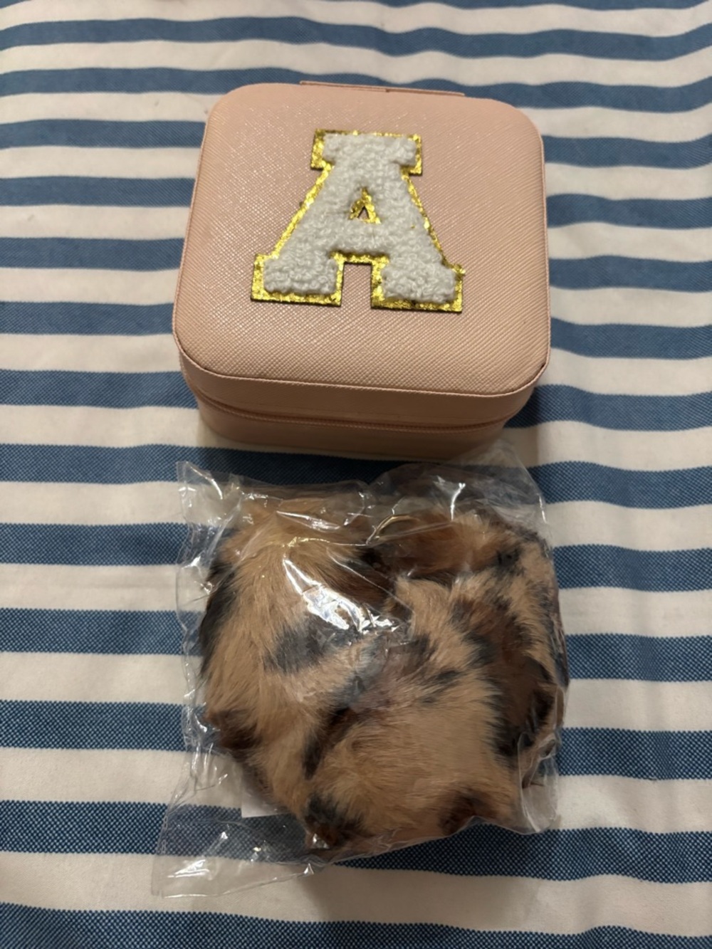 Cheetah Keychain  puff & a Pink jewelry box with Letter A Patch